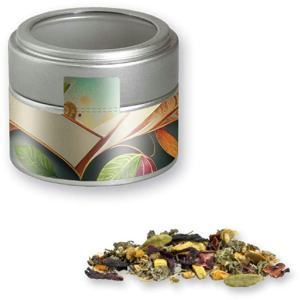 Ayurveda Relax-Tee, ca. 35g, Metalldose Mini mit Sichtfenster silber