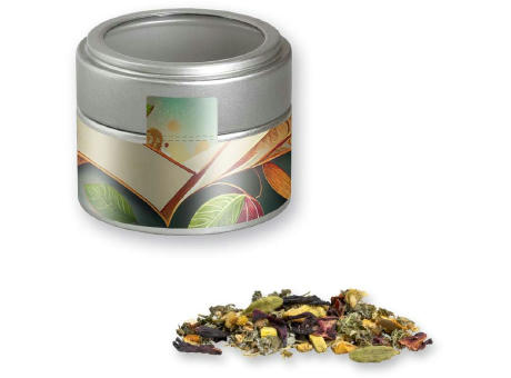 Ayurveda Relax-Tee, ca. 35g, Metalldose Mini mit Sichtfenster silber