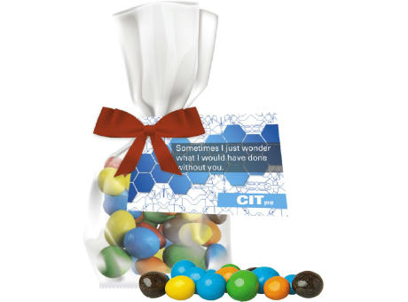 Bunte Schoko Erdnüsse, ca. 30g, Express Flachbeutel mit Schleife mit Werbekarte