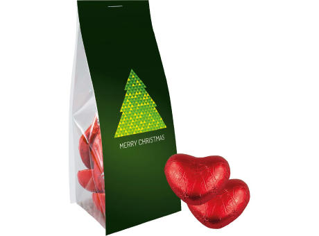 Schoko-Herzen, ca. 36g, Express Blockbodenbeutel mit Werbereiter