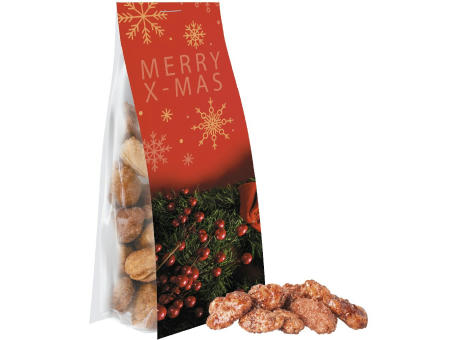 Feuergebrannte Mandeln, ca. 40g, Express Blockbodenbeutel mit Werbereiter