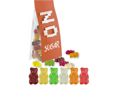 Gummibärchen zuckerfrei, ca. 40g, Express Blockbodenbeutel mit Werbereiter