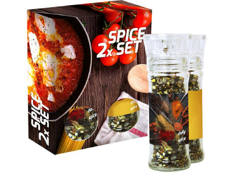 verschiedene Gewürzmischungen (Kategorie 2), 70-160g, 2er Set Glas mit Kunststoffmahlwerk in Faltschachtel