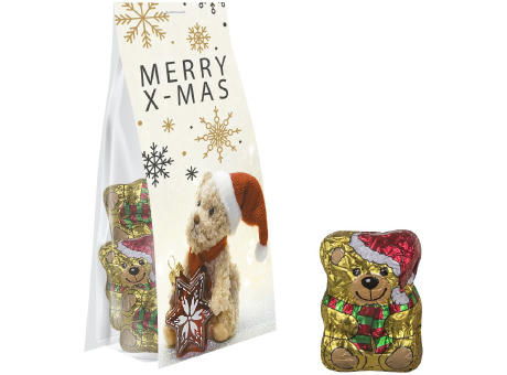 Schoko-Weihnachtsbärchen, ca. 40g, Express Blockbodenbeutel mit Werbereiter