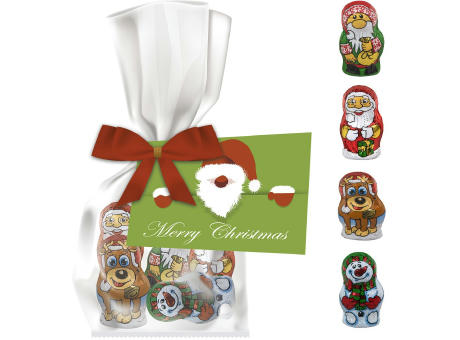 Schoko-Weihnachts Mix, ca. 35g, Express Flachbeutel mit Schleife mit Werbekarte