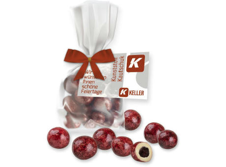 Johannisbeeren in weißer Schokolade, ca. 30g, Express Flachbeutel Maxi mit Schleife mit Werbekarte