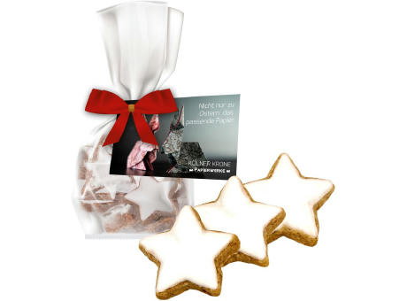 Zimtsterne, ca. 50g, Express Standbeutel Mini mit Schleife mit Werbekarte