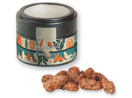 Feuergebrannte Mandeln, ca. 60g, Metalldose Mini mit Sichtfenster schwarz