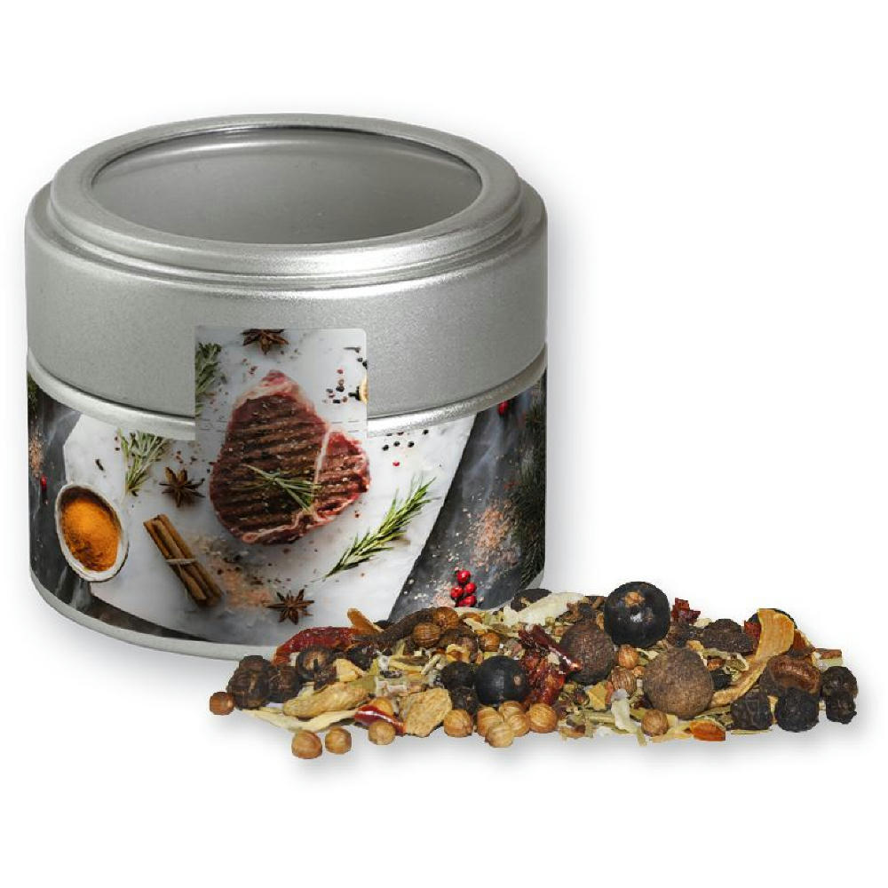 Weihnachts Gewürzmischung Wild, ca. 50g, Metalldose Mini mit Sichtfenster silber