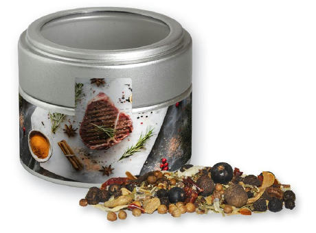 Weihnachts Gewürzmischung Wild, ca. 50g, Metalldose Mini mit Sichtfenster silber