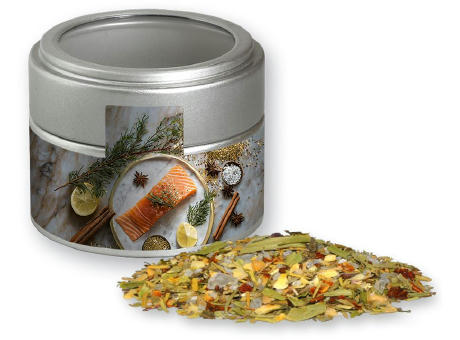 Weihnachts Gewürzmischung Fisch, ca. 55g, Metalldose Mini mit Sichtfenster silber