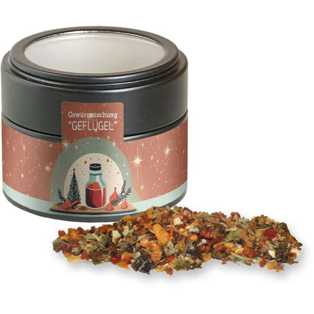 Weihnachts Gewürzmischung Geflügel, ca. 55g, Metalldose Mini mit Sichtfenster schwarz