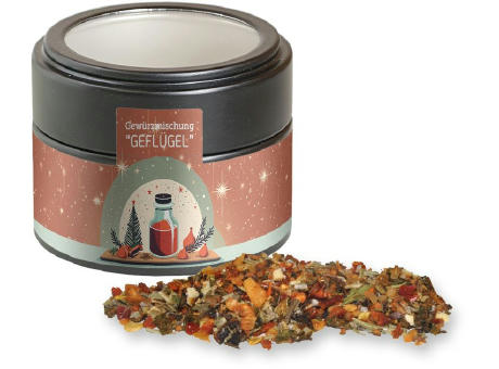 Weihnachts Gewürzmischung Geflügel, ca. 55g, Metalldose Mini mit Sichtfenster schwarz