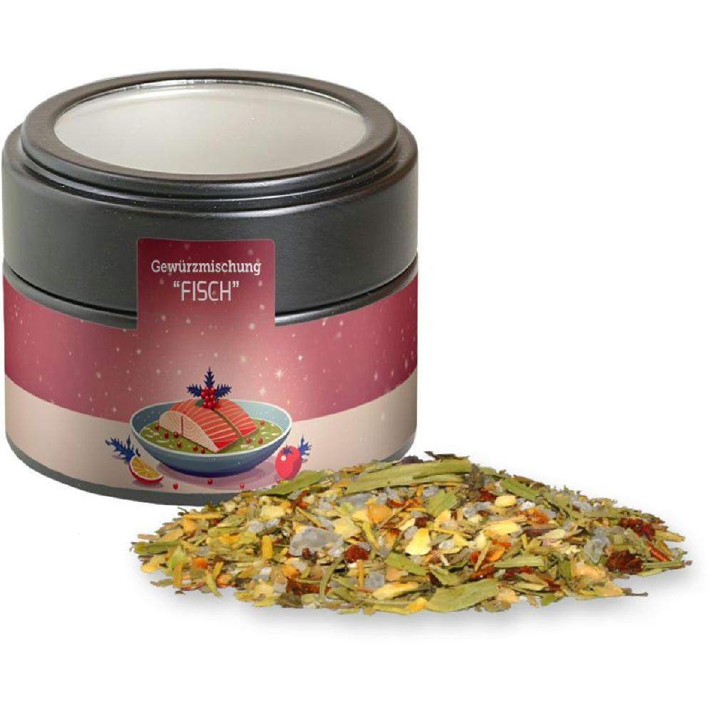 Weihnachts Gewürzmischung Fisch, ca. 55g, Metalldose Mini mit Sichtfenster schwarz