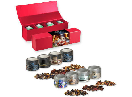 Verschiedene Weihnachts Teesorten, , ca. 120-140g, Geschenk-Set Premium rot mit Magnetverschluss und 4 Metalldosen Mini mit Sichtfenste