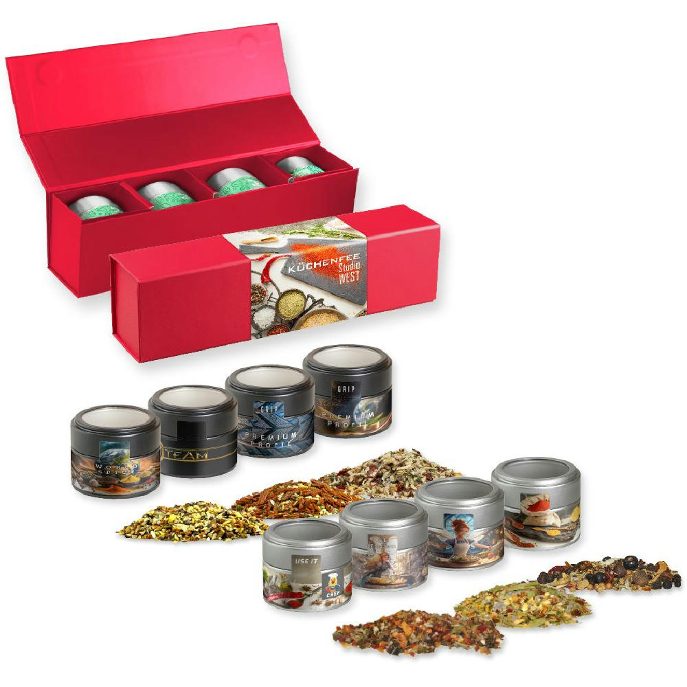 Verschiedene Weihnachts Gewürzmischungen, ca. 120-140g, Geschenk-Set Premium rot mit Magnetverschluss und 4 Metalldosen Mini mit Sichtfenste