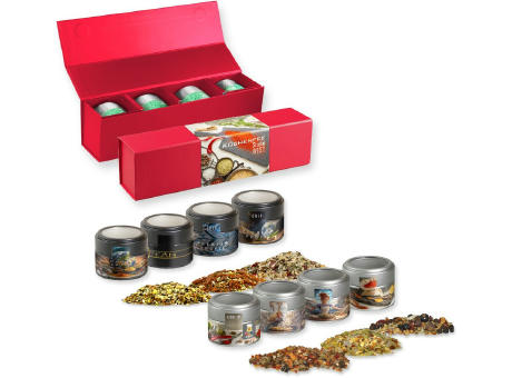 Verschiedene Weihnachts Gewürzmischungen, ca. 120-140g, Geschenk-Set Premium rot mit Magnetverschluss und 4 Metalldosen Mini mit Sichtfenste