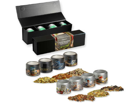 Verschiedene Weihnachts Gewürzmischungen, ca. 120-140g, Geschenk-Set Premium schwarz mit Magnetverschluss und 4 Metalldosen Mini mit Sichtfenster