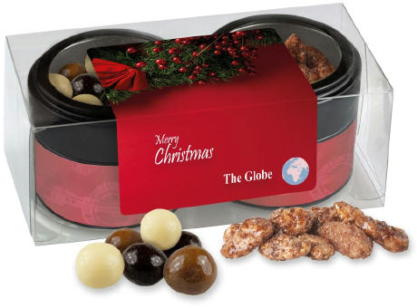 Knusper Weihnachtsset mit feuergebrannten Mandeln und Knusperkugeln im MIx, ca. 105g, Metalldose Mini mit Sichtfenster im 2er Set