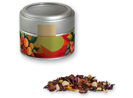 Früchtetee gute Laune, ca. 30g, Metalldose Mini mit Sichtfenster silber
