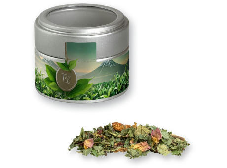 Kräutertee Glücksgefühle, ca. 25g, Metalldose Mini mit Sichtfenster silber