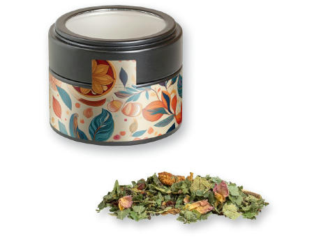 Kräutertee Glücksgefühle, ca. 25g, Metalldose Mini mit Sichtfenster schwarz