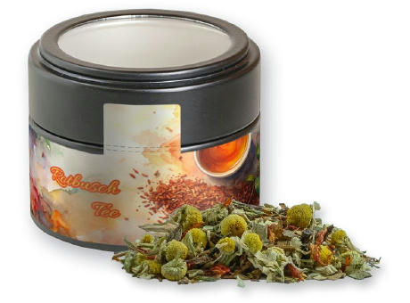 Rotbuschtee Entspannungszeit, ca. 25g, Metalldose Mini mit Sichtfenster schwarz
