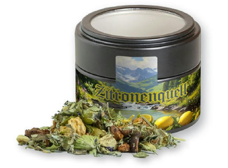 Kräutertee Bergtee & Zitrus, ca. 20g, Metalldose Mini mit Sichtfenster schwarz