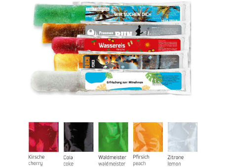 Wassereis im 5er Sortenmix (Kirsche, Waldmeister, Cola, Zitrone, Pfirsich) (vegan), 40 ml, Express Schlauchtüte mit Etikett