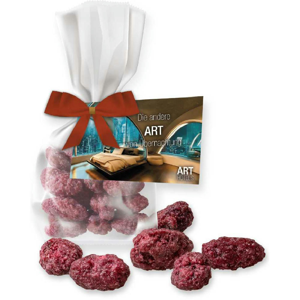 Gebrannte Mandeln Himbeere (vegan), ca. 30g, Express Flachbeutel mit Schleife mit Werbekarte