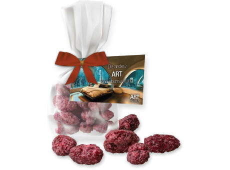 Gebrannte Mandeln Himbeere (vegan), ca. 30g, Express Flachbeutel mit Schleife mit Werbekarte