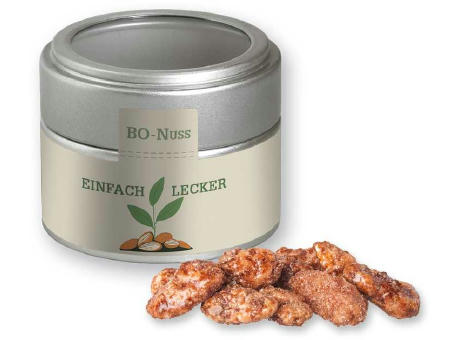 Feuergebrannte Mandeln (vegan), ca. 60g, Metalldose Mini mit Sichtfenster silber