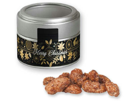 Feuergebrannte Mandeln (vegan), ca. 60g, Metalldose Mini mit Sichtfenster silber