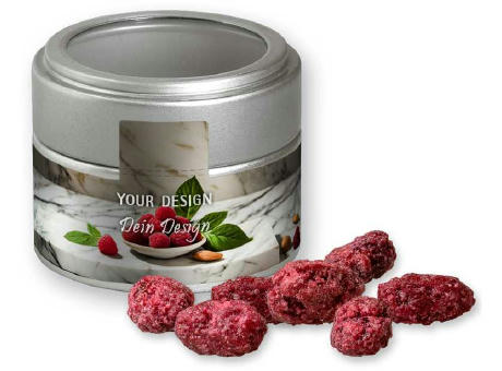 Gebrannte Mandeln Himbeere (vegan), ca. 60g, Metalldose Mini mit Sichtfenster silber