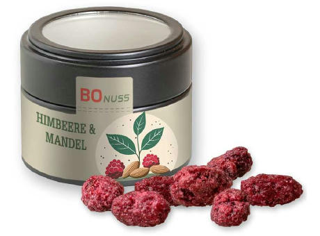 Gebrannte Mandeln Himbeere (vegan), ca. 60g, Metalldose Mini mit Sichtfenster schwarz