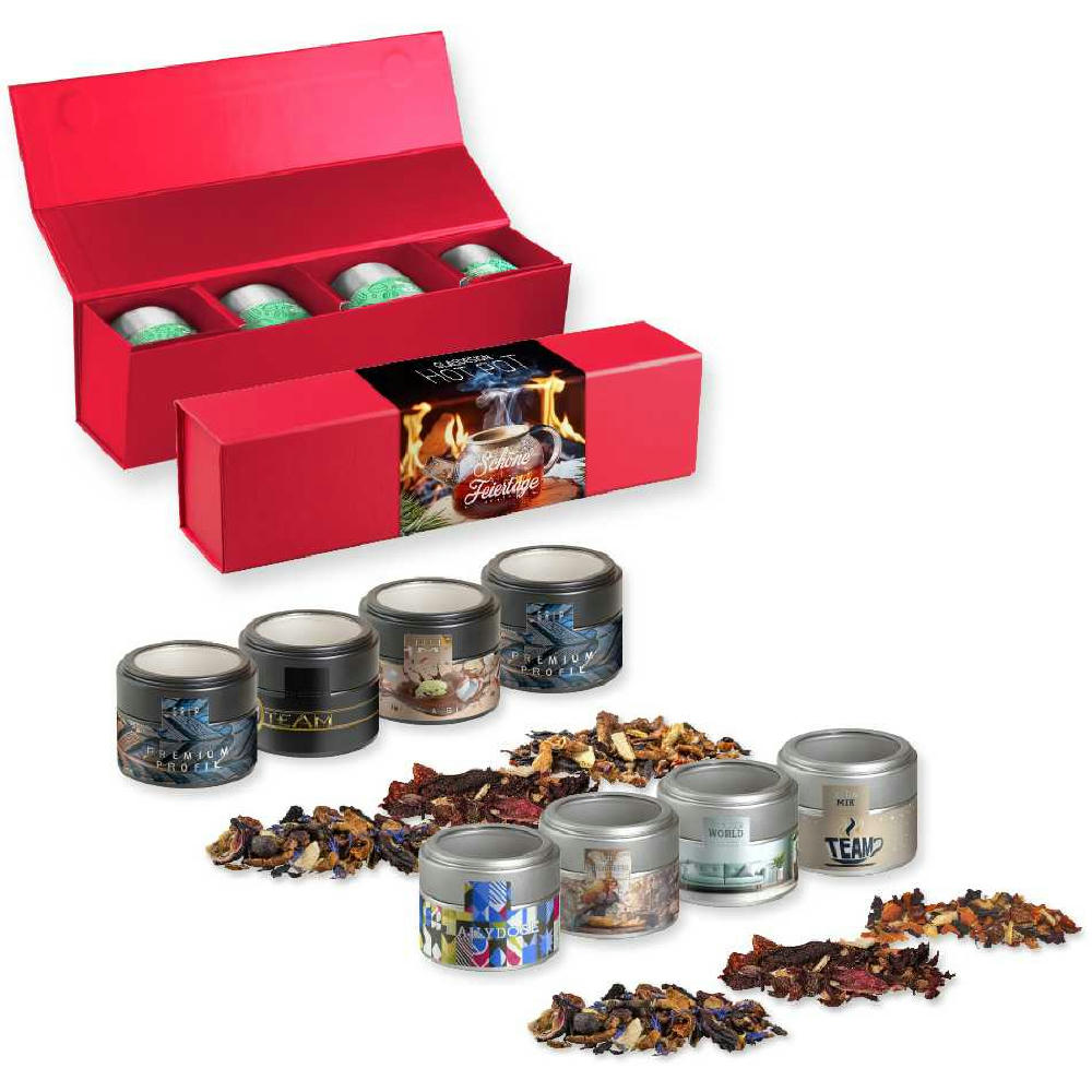 Verschiedene Weihnachts Teesorten, , ca. 120-140g, Geschenk-Set Premium rot mit Magnetverschluss und 4 Metalldosen Mini mit Sichtfenster