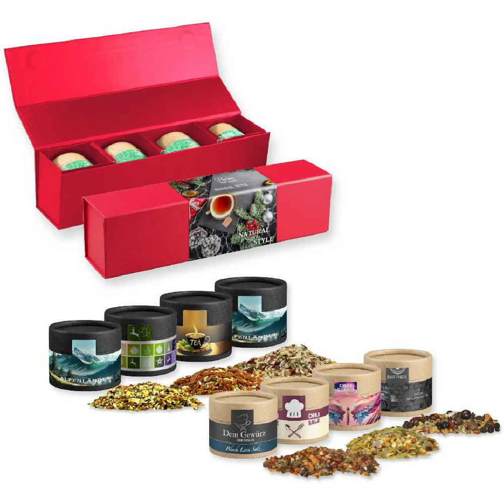 Verschiedene Weihnachts Gewürzmischungen, ca. 80-160g, Geschenk-Set Premium rot mit Magnetverschluss und 4 Kraftpapierdosen Mini