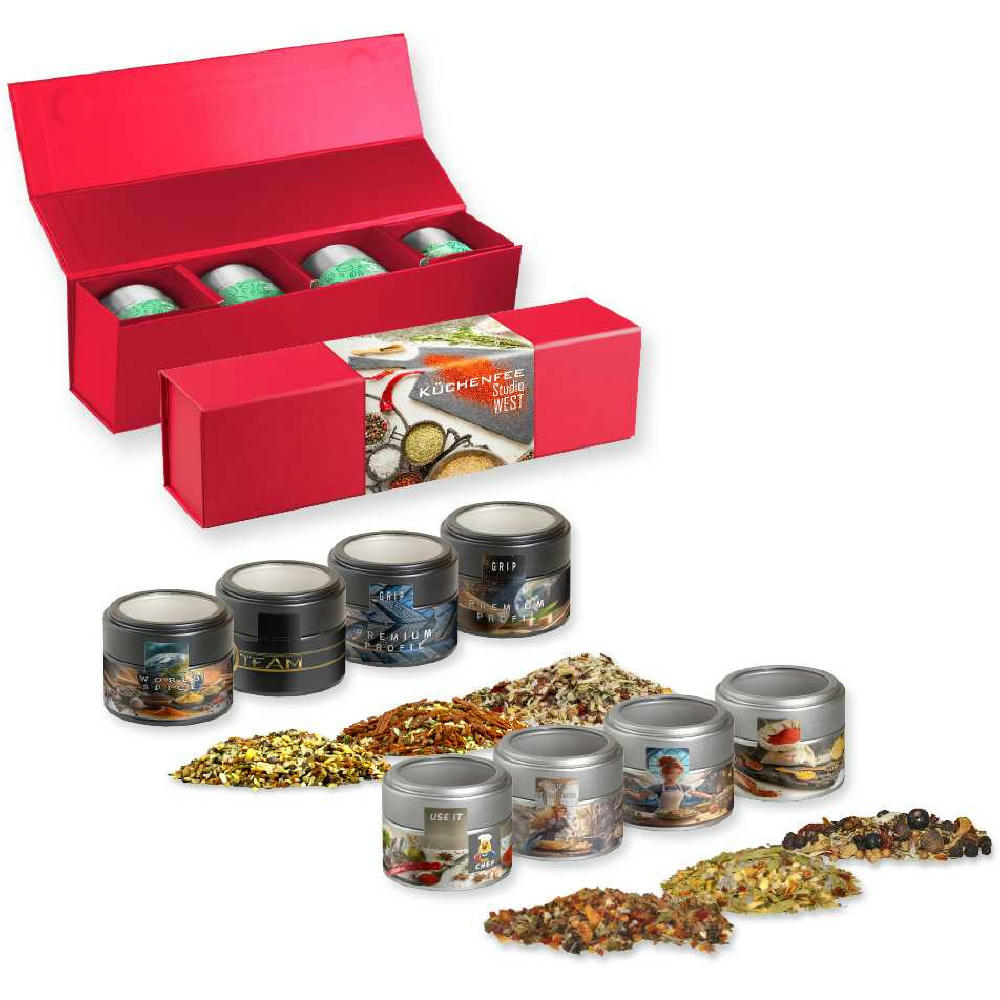 Verschiedene Weihnachts Gewürzmischungen, ca. 120-140g, Geschenk-Set Premium rot mit Magnetverschluss und 4 Metalldosen Mini mit Sichtfenster