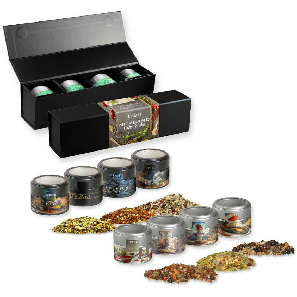 Verschiedene Weihnachts Gewürzmischungen, ca. 120-140g, Geschenk-Set Premium schwarz mit Magnetverschluss und 4 Metalldosen Mini mit Sichtfenster