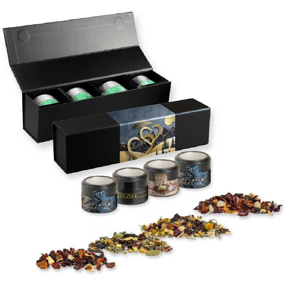Verschiedene Teesorten, , ca. 60-140g, Geschenk-Set Premium schwarz mit Magnetverschluss und 4 Metalldosen Mini mit Sichtfenster
