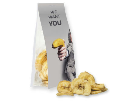Bananenchips, ca. 25g, Express Blockbodenbeutel mit Werbereiter