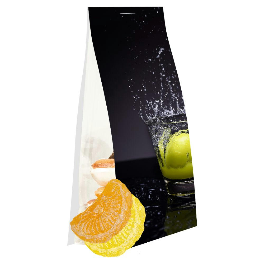 Zitrone und Orangen Bonbons, ca. 40g, Express Blockbodenbeutel mit Werbereiter