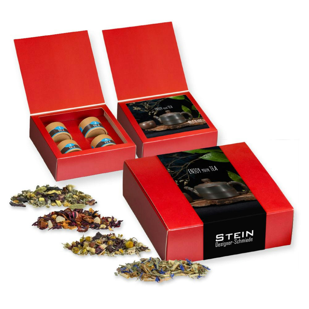 Verschiedene Teesorten, , ca. 60-140g, Geschenk-Set Premium mit 4 Biologisch abbaubaren Eco Pappdosen Mini
