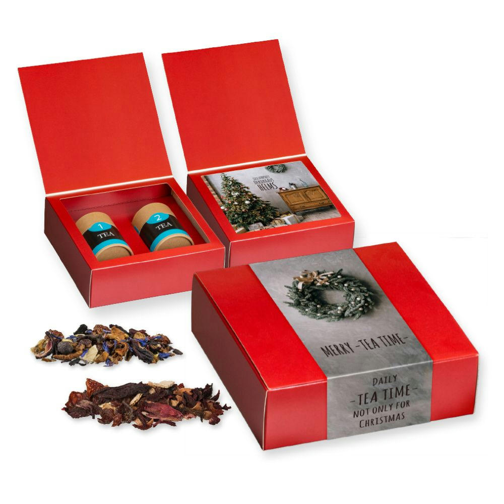 Verschiedene Teesorten, , ca. 60-120g, Geschenk-Set Premium mit 2 Biologisch abbaubaren Eco Pappdosen Midi