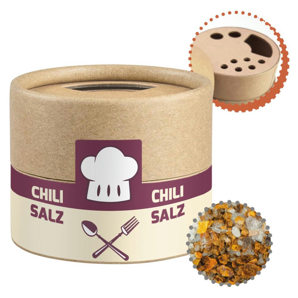 Gewürzmischung Chili-Salz, ca. 30g, Biologisch abbaubarer Eco Pappstreuer Mini