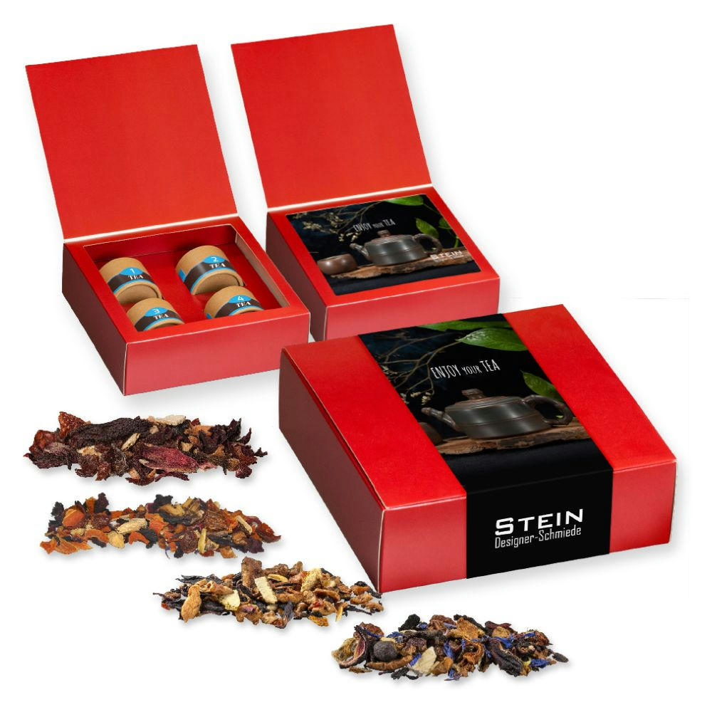 Verschiedene Weihnachts Teesorten, , ca. 120g, Geschenk-Set Premium mit 4 Biologisch abbaubaren Eco Pappdosen Mini