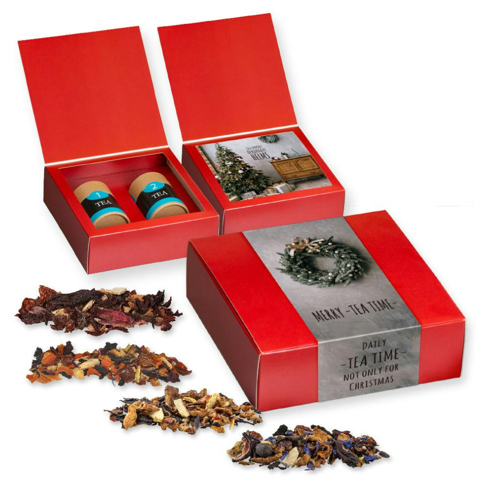 Verschiedene Weihnachts Teesorten, , ca. 120g, Geschenk-Set Premium mit 2 Biologisch abbaubaren Eco Pappdosen Midi
