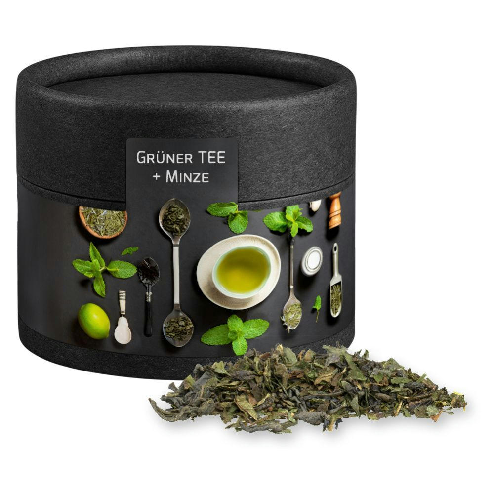 Grüner Tee mit Minze, ca. 10g, Biologisch abbaubare Eco Pappdose Mini schwarz