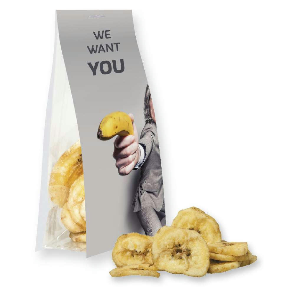 Bananenchips, ca. 25g, Express Blockbodenbeutel mit Werbereiter