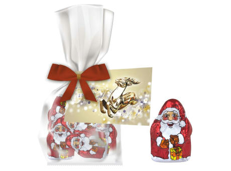 Mini Schoko-Weihnachtsmänner, ca. 35g, Express Flachbeutel mit Schleife mit Werbekarte